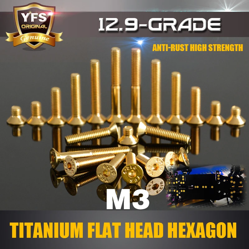 YFS 5-30mm M3 Countersunk Hexagon screws 12.9 Grade Gold Titanium for 1/10 1/8 RC buggy drift truck Crawler Scale repair upgrade