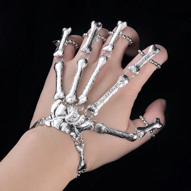 

KNUCKLE RING Elastic Bracelet Punk Exaggerated Skeleton Finger Bone Joint Finger Chain Female Hand Ornament Halloween Accessory