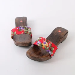 Women's Wood Slides Anti-Slip Polka Dots MId Heel Summer Sandals Causal Beach Slippers Japan Geta Cosplay Shoes