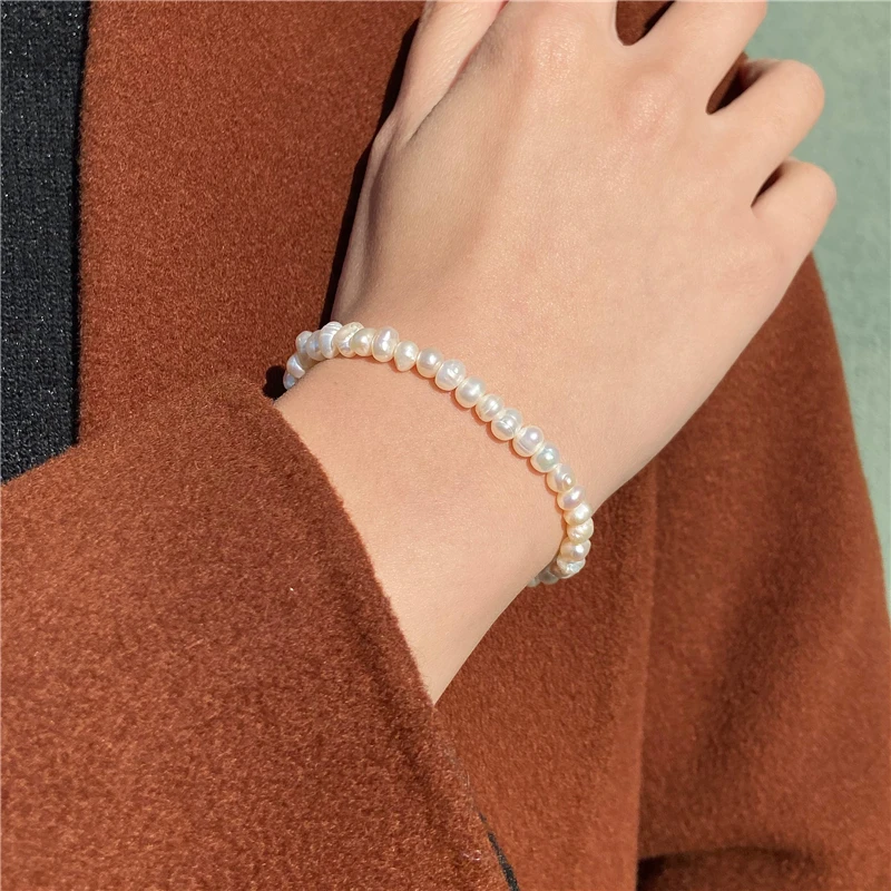 5-5.5mm Natural Freshwater White Pearl Bracelet Elastic Baroque Genuine Pearls Beaded Bangles Chain for Women Fine Jewelry Gifts