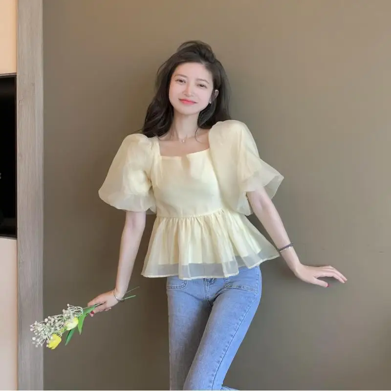 Blouse Women Summer Elegant Lovely Simple Solid Bow Fashion Daily Puff Sleeve New Chic Vintage Casual Square Collar Soft Ulzzang