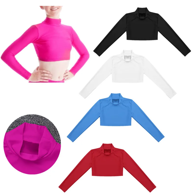 Young Girls Tank Top Kids Dancewear Long Sleeves Mock Neck Crop Top Hip Hop Jazz Dance Clothes Basic Sports T-shirt Cropped Top