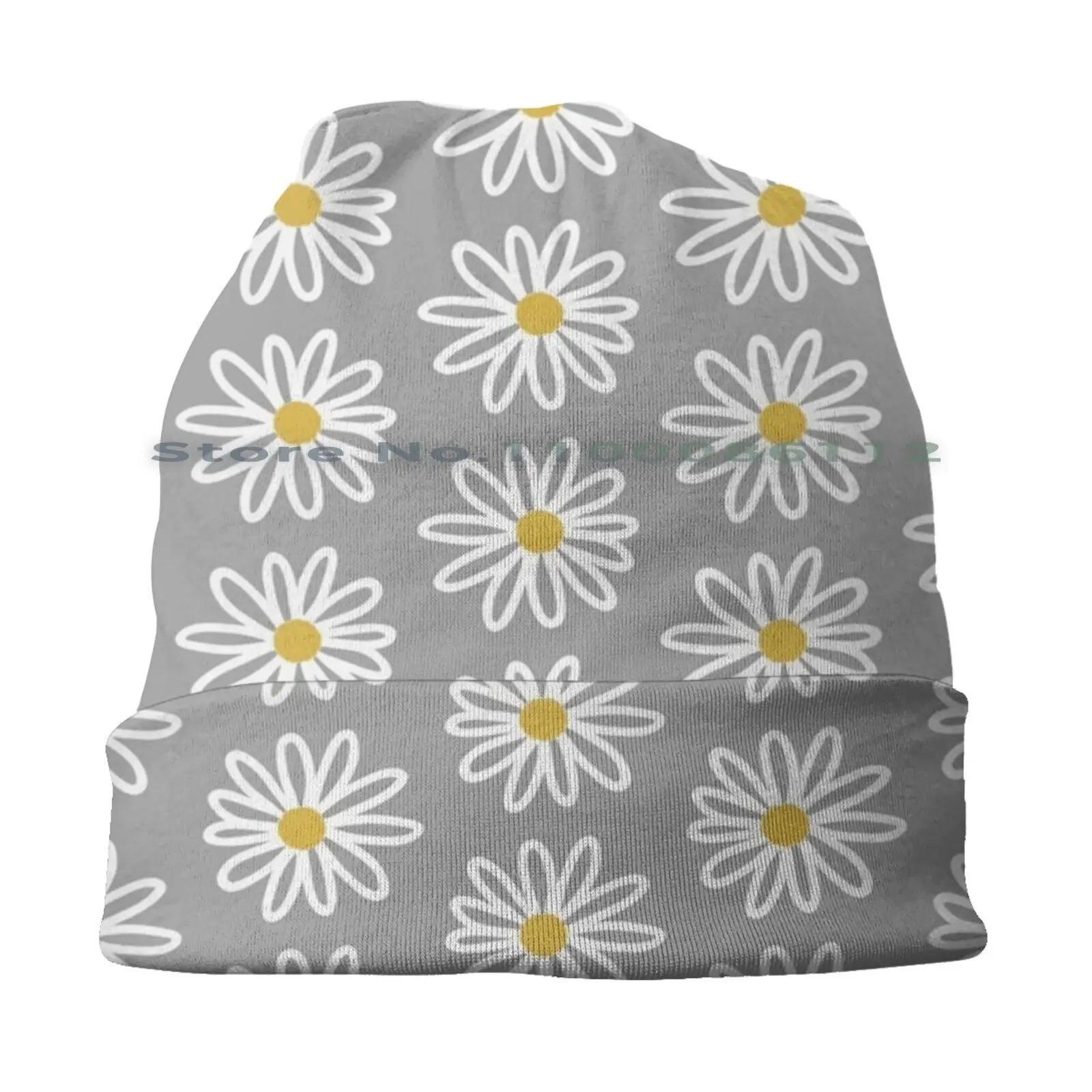 Daisy Puff 2. Hand-Drawn Flower In White And Mustard Yellow On Grey. Cute Minimalist Floral Bucket Hat Sun Cap Flowers Daisies