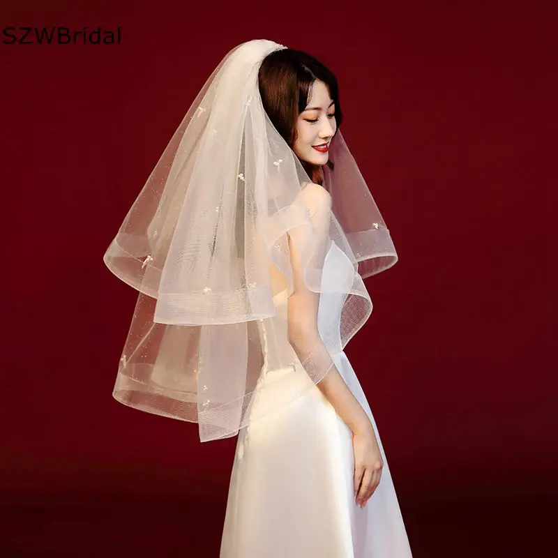 

New Arrival Two Layer Short Wedding veil Ivory Welon Voile mariage Bridal Veils with Comb Wedding accessories Fascinator