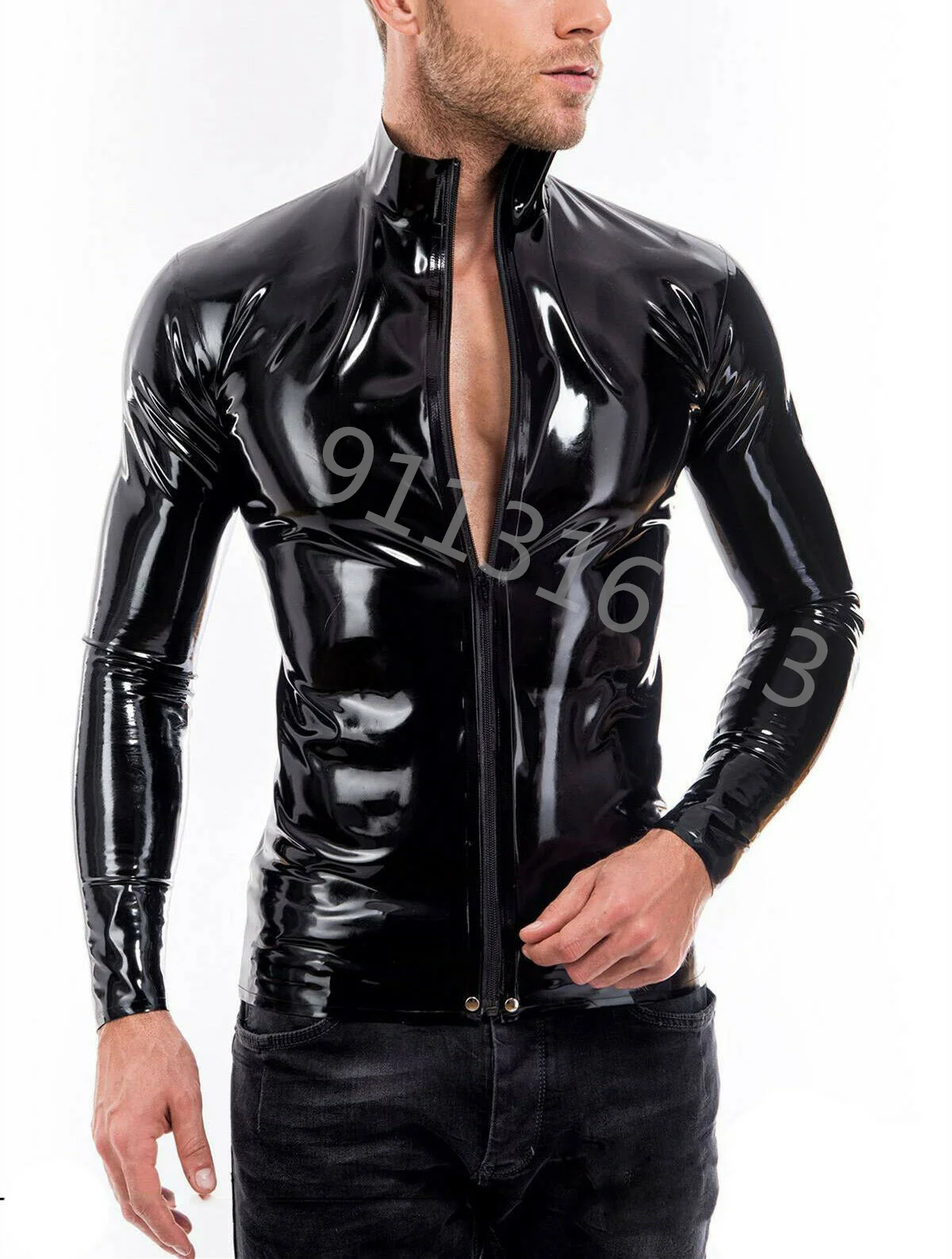 Handmade Men\'s Black Latex T-Shirt Rubber Long Sleeve Top Gummi Jacket with Front Zipper Custom Made