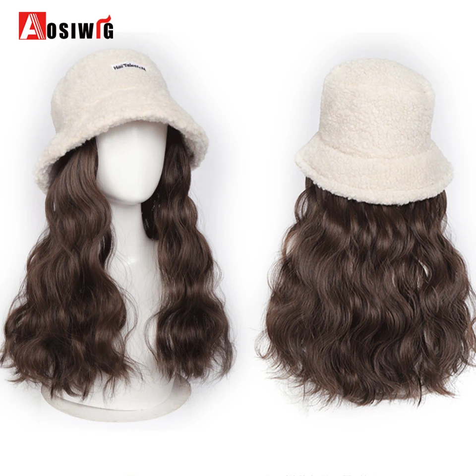 AOSI Synthetic Hat Wig Long Wavy Wig Fashion Autumn And Winter Lamb Hair Fisherman\'s Hat Ripple Wig Hat For Women