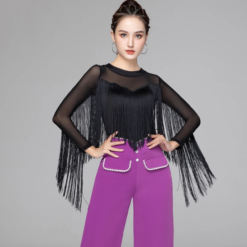 

Latin Dance Practice Clothes Long Sleeve Fringe Tops Rumba Dance Clothing Tango Tassel Shirt Ballroom Dance Blousers DQL6215