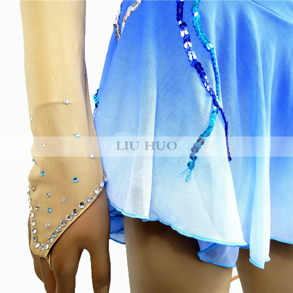 LIUHUO Women Girl Adult Performance Ballet Gymnastics Competition Leotard Ice Figure Skating Dress Dance Blue Gradient Roller