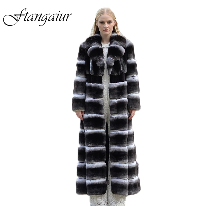 Ftangaiur New Winter Import Chinchilla Coat Turn-Down Collar Full Sleeve Loss Women Real Natural Color Chinchilla Fur Coats