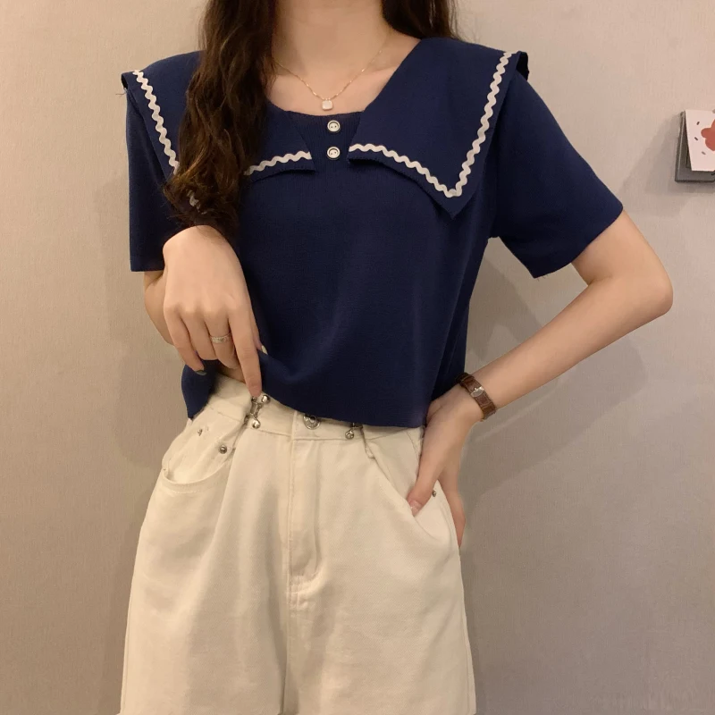 Women's Tee Shirt Sailor Collar T-shirt Japanese Style Knitted Short Sleeve Kawaii Basic Tshirt Fashion Solid T Shirt Women