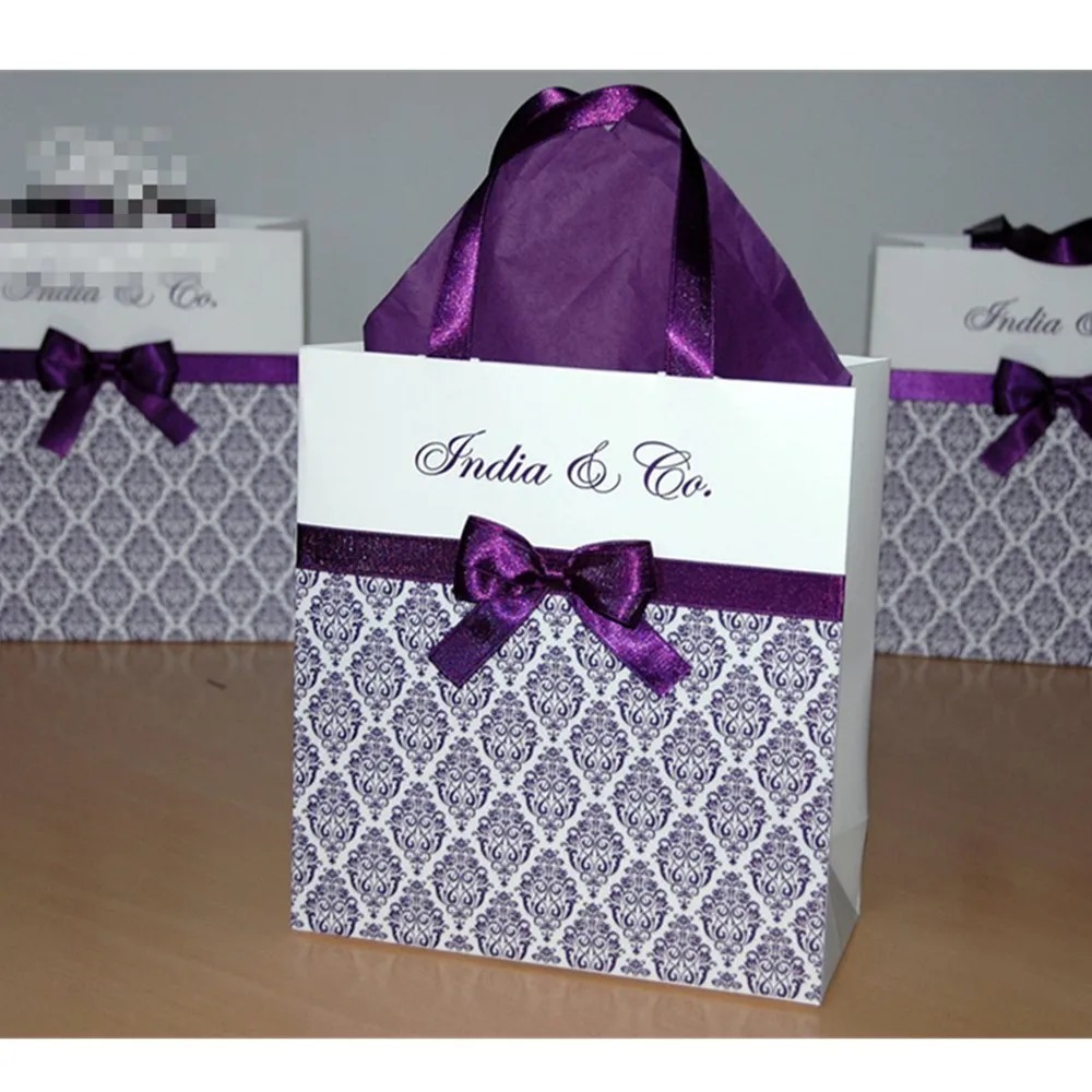 Personalized Purple Wedding Welcome Bags with satin ribbon, damask pattern, bow and names  Custom  Paper  Bags   Weddings  Gifts