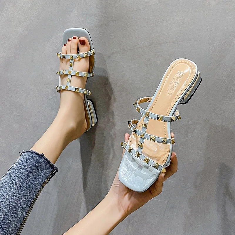 Luxury Brand Designer Rivet Women Sandals Ladies Summer Outdoor Beach Shoes Female Open Toe Slip-On Low Heel Footwea