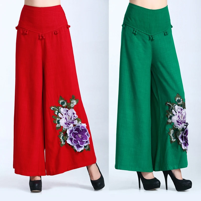 Chinese Tang suit embroidery  wide-leg pants peony embroidery high waist loose wide-leg pants large size women pants dance pants