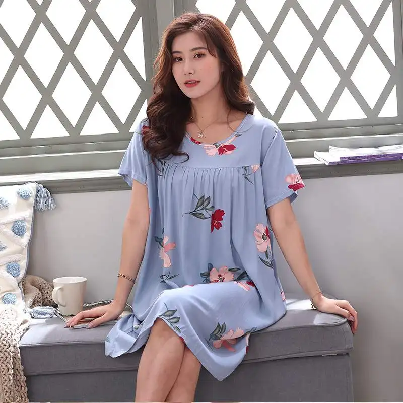 Women summer cotton nightgowns short-sleeved Korean loose big yards 5XL fit 100 kg nightshirt female floral print night dress