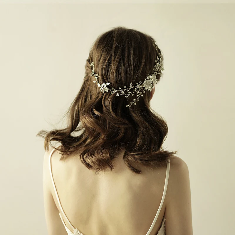 O824 Crystal Alloy Bunga Mutiara Headband Beaded Wanita Perhiasan Berlian Bride Headband Headpiece