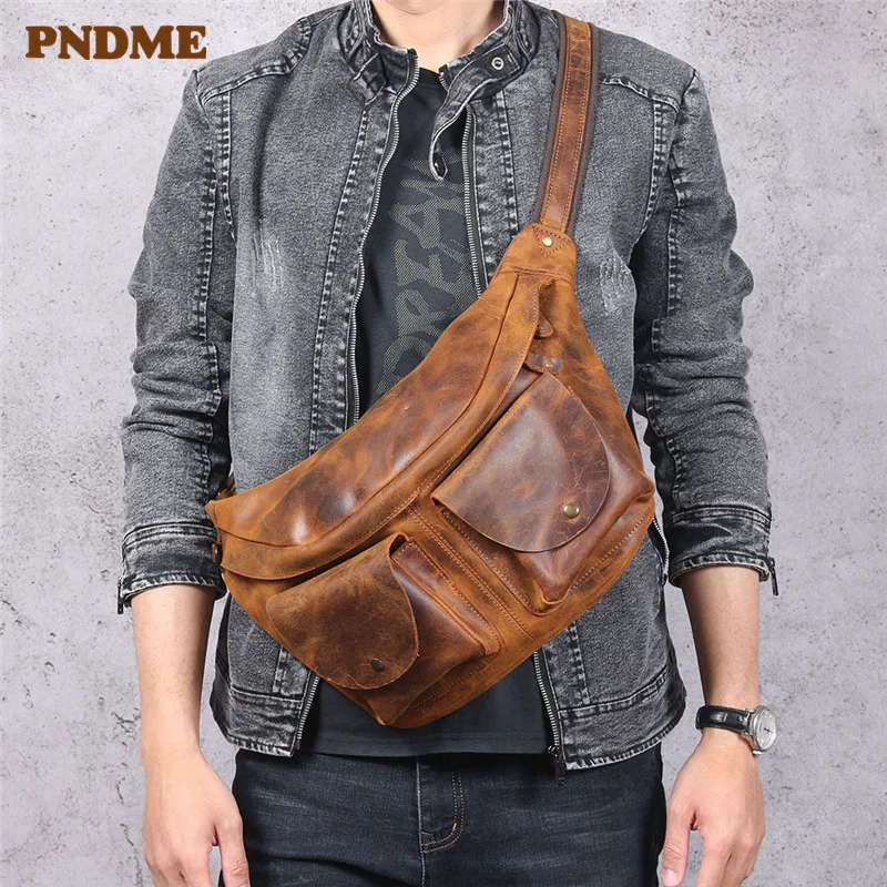 PNDME genuine leather large capacity men\'s chest bag retro crazy horse cowhide waist pack daily casual shoulder messenger bags