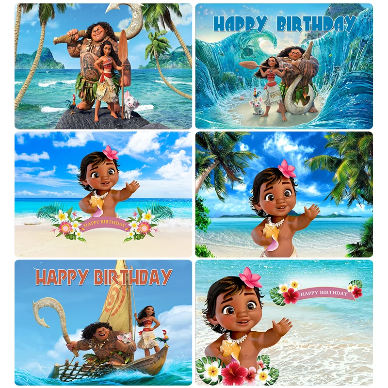 Disney Moana Photo Backdrop Girls Princess Birthday Baby Shower Cartoon Vaiana Photography Backgrounds Party Decors