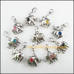 10Pcs Tibetan Silver Tone Elephant Retro Mixed Round Crystal 18x20.5mm With Lobster Claw Clasps Charms