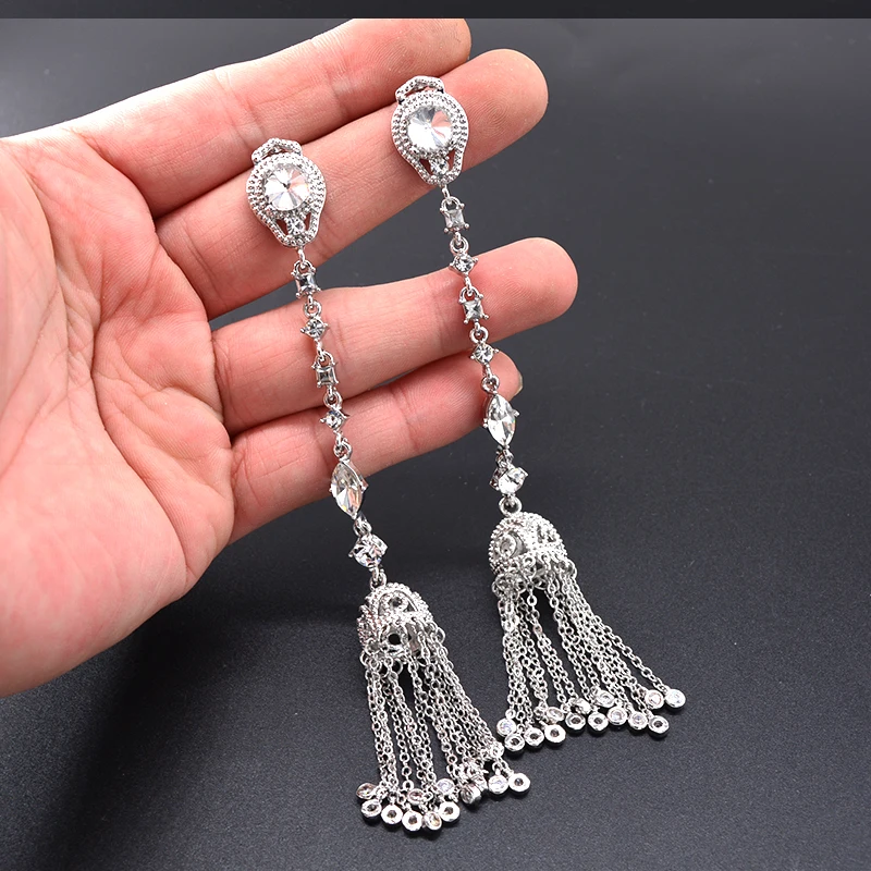 cubic zircon micro crastal tassel long drop earring for women elegant bride jewelry  accessories evening dress&wedding jewelry