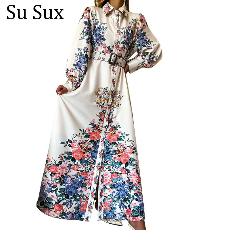 Hoa Vintage Đầm Maxi Nữ Áo Dây Tính Khí Cổ Gập Dài Tay Áo Dây ĐẦM DỰ TIỆC Vestidos Nữ Thu Đông 2021