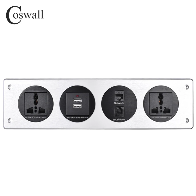 COSWALL Metal Body 2 Universal Socket For EU UK US Chile + Dual USB Charging Port + CAT3 phone With CAT6 Internet Table Socket