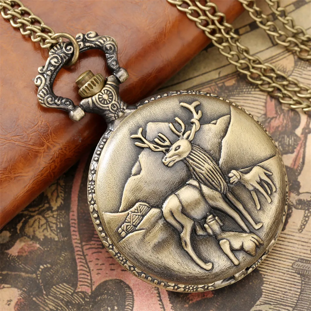 Bronze Lovely Elk Necklace Quartz Pocket Watch Exquisite Pendant Antique Full Hunter Chain Timepiece Gifts reloj de bolsillo