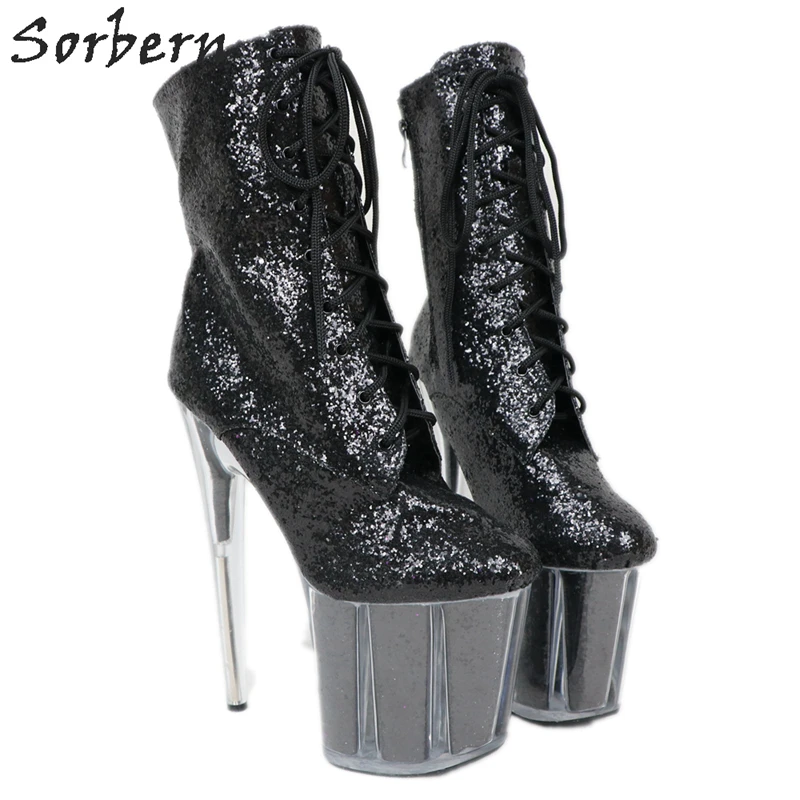 

Sorbern Black Sequins Glitter Boots For Women Ankle High Perspex High Heel Platform Shoes Stripper Pole Dance Booties Lady Heels