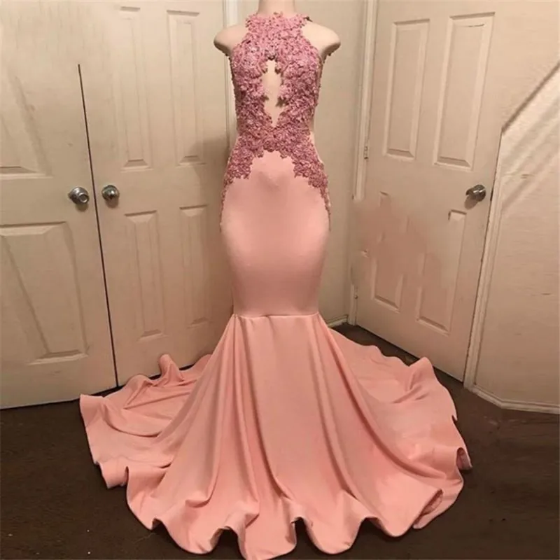 Halter Neck Sleeveless Prom Party Dress 2025 Abiye Peach-Pink Mermaid Evening Formal Gowns Lace Appliques Long Robe De Soiree