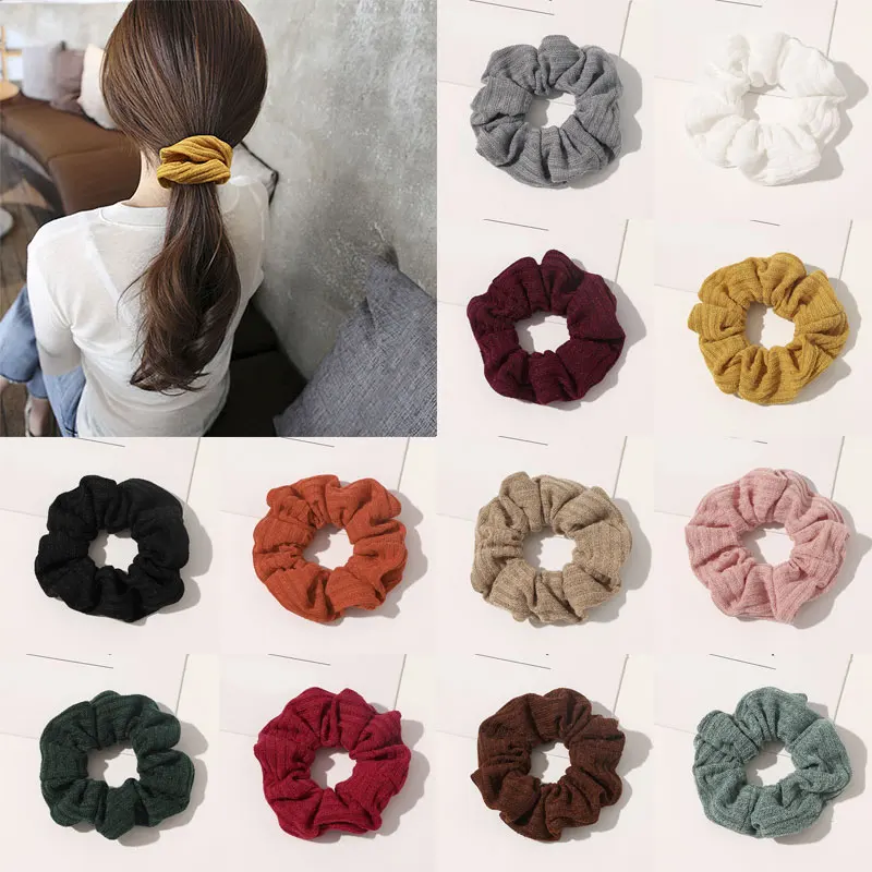 Women Knitting Striped Scrunchies Soft Hair Rope Knitted Elastic Hair Bands Ties Floral Solid Color Ponytail Hair Accessories