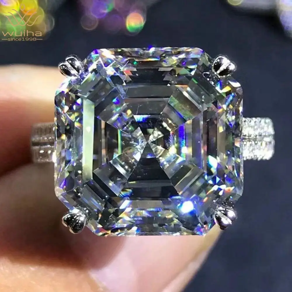 WUIHA Luxury Solid 925 Sterling Silver 3EX Asscher Cut 10CT VVS D Color Created Moissanite Wedding Engagement Ring Fine Jewelry