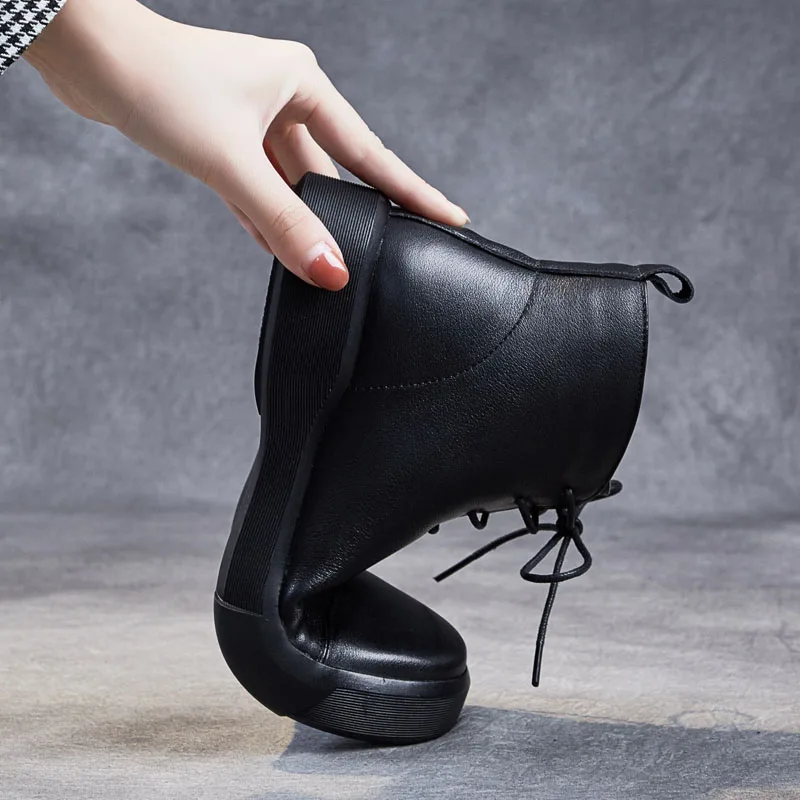 DRKANOL Classic Black Women Boots 2024 Autumn Winter Warm Shoes Women Genuine Leather Ankle Boots Soft Sole Handmade Flat Boots