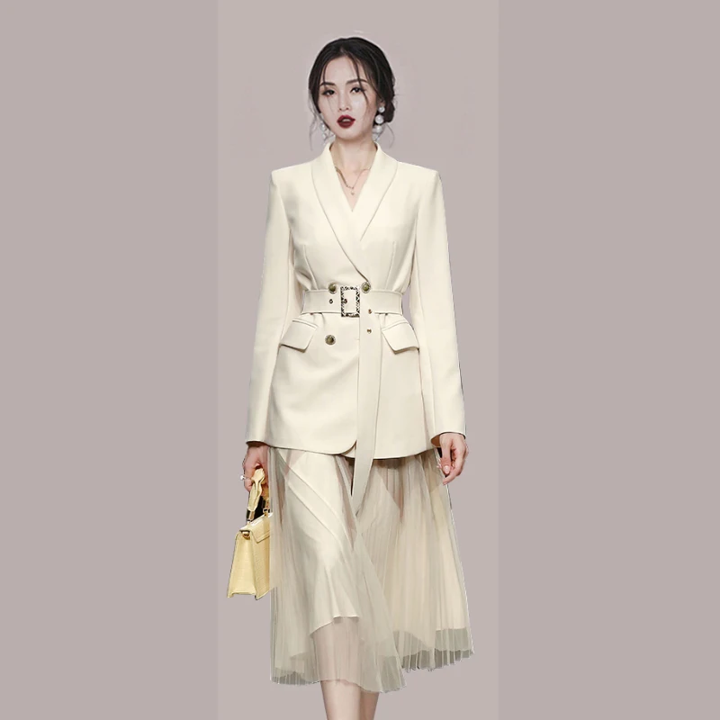 Early Autumn Elegant Office Women\'s Dress Set Solid Double-Breasted Blazers Jacket With Belt Mesh Base Strap Dress Two-Piece Set