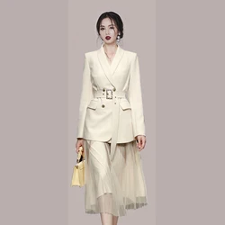 Frühen Herbst Elegante Büro frauen Kleid Set Solide Doppel-Breasted Blazer Jacke Mit Gürtel Mesh Basis Strap Kleid zwei-Stück Set