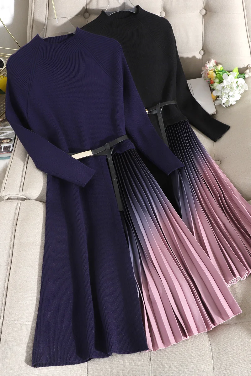 Autumn Winter Elegant Knitted Patchwork Gradient Pink Pleated Dress Women Long Sleeve Office One-Piece Sweater Dress With Belt