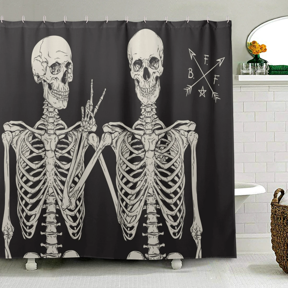 Funny Skull Skeleton Print Shower Curtain Polyester Fabric Waterproof Bath Curtain With 12pcs Plastic Hooks For Bathroom Decor