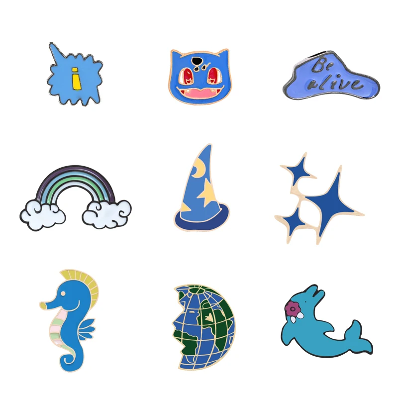 Fashion Cartoon Blue Brooches Seahorse Rainbow Stars Earth Animal Enamel Pins Badges Clothes Bag Lapel Pin Jelwery Gift For Kids