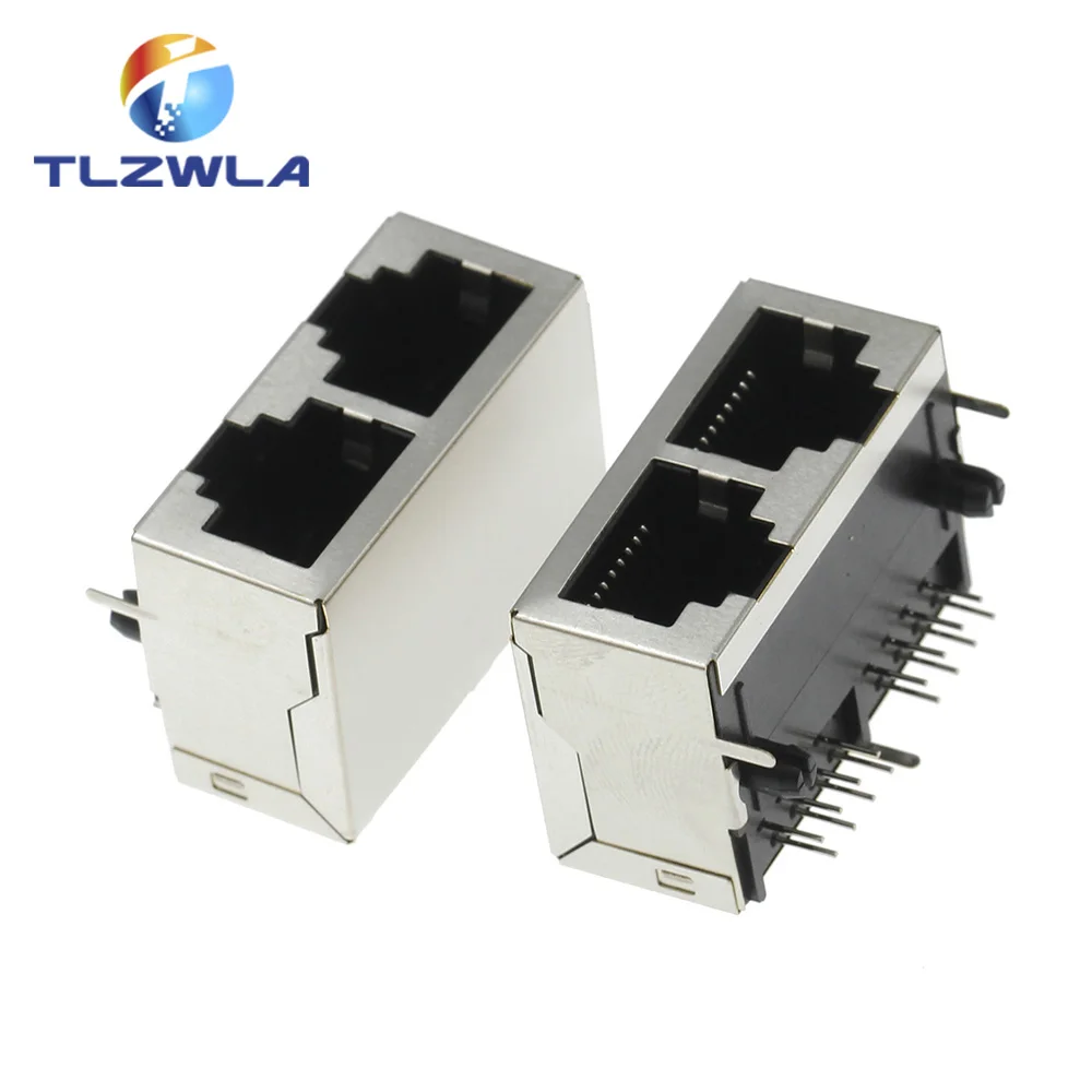 1PCS 1*2 RJ45 Metal 16 Pin Female PCB Right Angle Board Jack Connector 8P8C Crystal Head Socket 1x2 21mm Network Interface