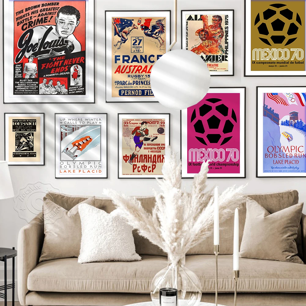 ملصق مسابقة رياضية عتيقة، فن طباعة كرة القدم والملاكمة والتزلج والرجبي والتنس، ملصقات حائط رياضية قديمة، لوحة قماشية، #4