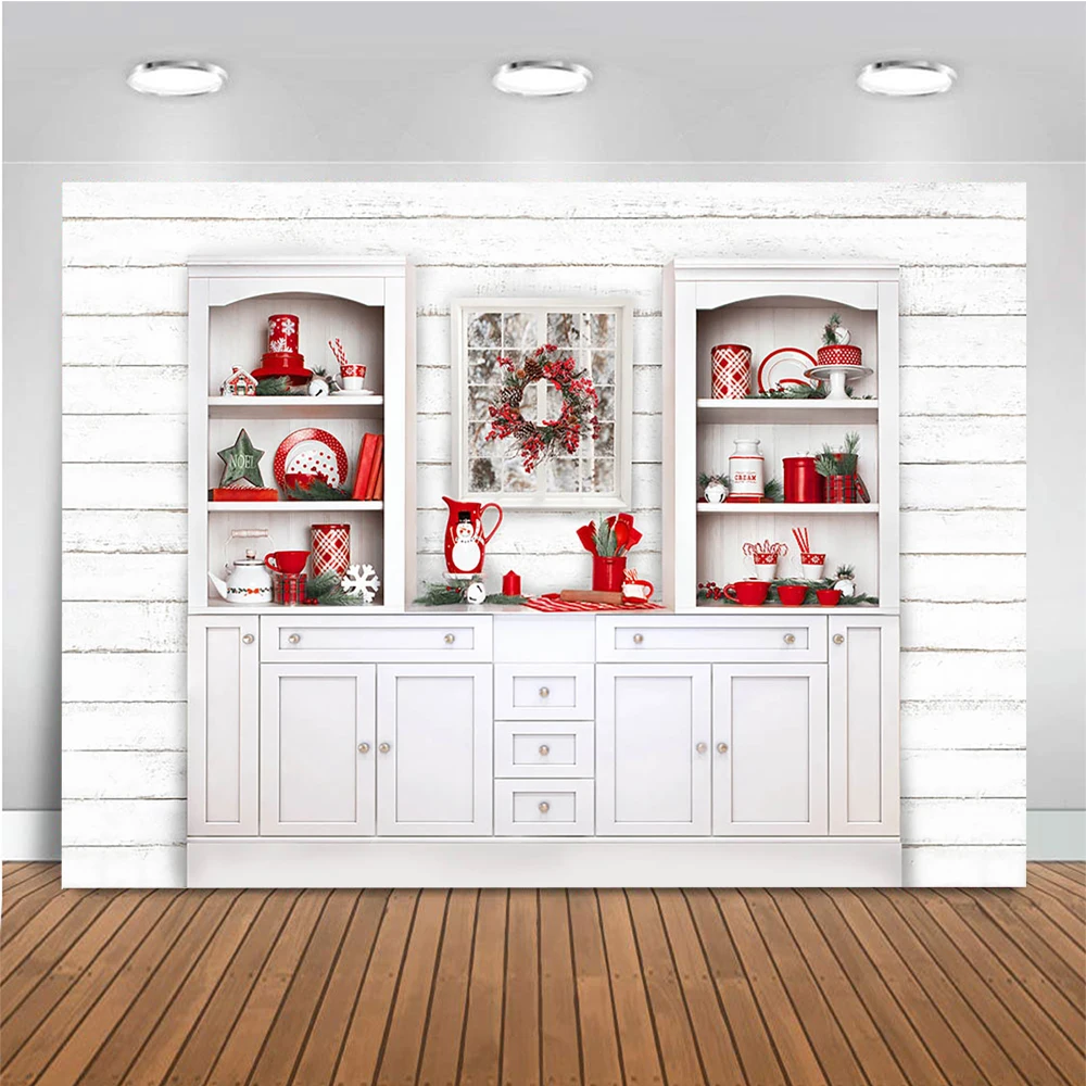 Fundo de fotografia de natal armário branco cozinha pano de fundo presentes vermelho utensílios de mesa de aniversário de inverno partybackground prop