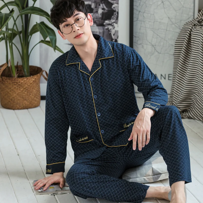 Men Pajamas Spring Knitted Cotton Male Pajama Sets Striped Long Sleeve Turn-down Collar Plus Size Mens Homewear Lounge Sleepwear