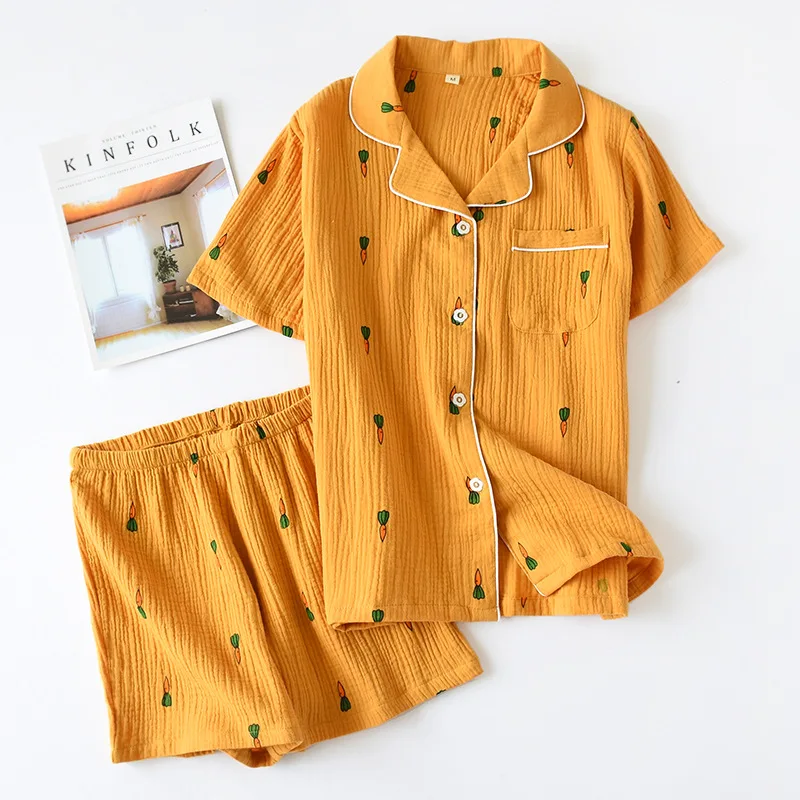 New ladies pajamas suit summer comfortable cotton gauze lapel pajamas suit women thin loose cartoon carrot printing home service