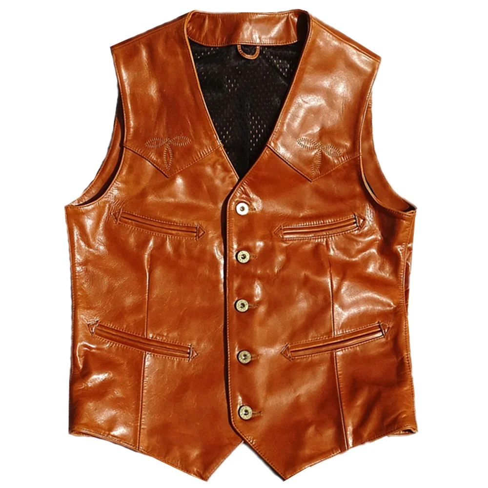 

Luxury Mans Waistcoat Real Leather Dress Suit Vest Coats Genuine Leather Weskit Vest Man Cowhide Blazer Vest Summer Streetwear