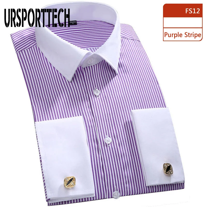 Camisa de manga larga para hombre, gemelos franceses a rayas de primavera, camisa informal con diseño de cuello blanco, camisas de vestir con puños