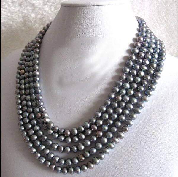 

5 Layers 6-7mm deep gray colors pearl necklace natural freshwater pearl Jewelry 43cm 17inch 35cm