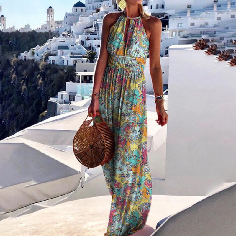 2021 Summer Boho Floral Print Long Party Dress Women Elegant Halter Sleeveless Maxi Dress Spring Backless Hollow Out Dresses 2XL