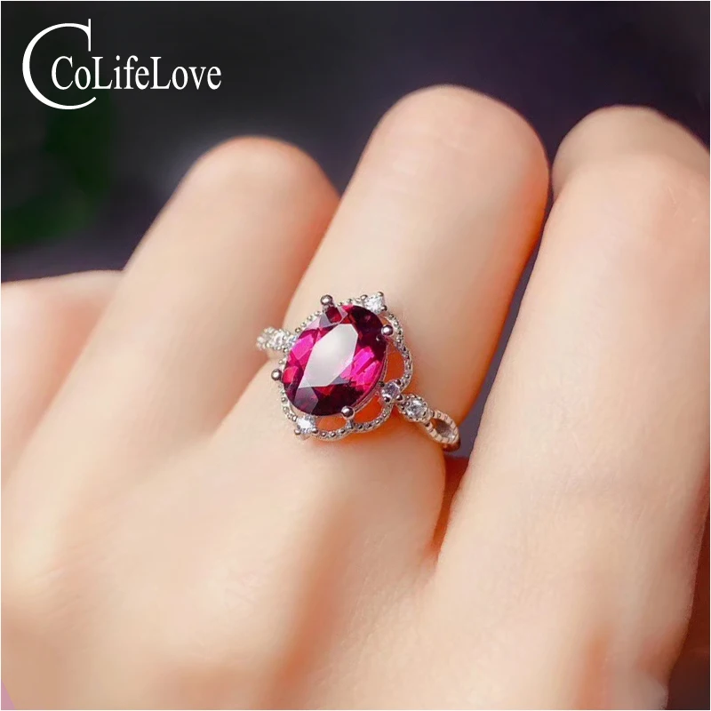 CoLife Jewelry 925 Silver Garnet Ring for Party 7mm*9mm Natural Pyrope Ring Fashion Garnet Ring Gift for Woman