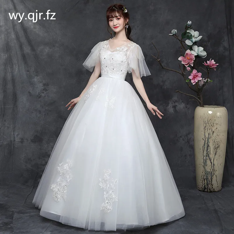 YC-S08#Bridal Wedding Dress Lace Up Embroidered Lace On Net V-neck Half Sleeve Ball Gown Floor-Length Dresses Cheap Wholesale