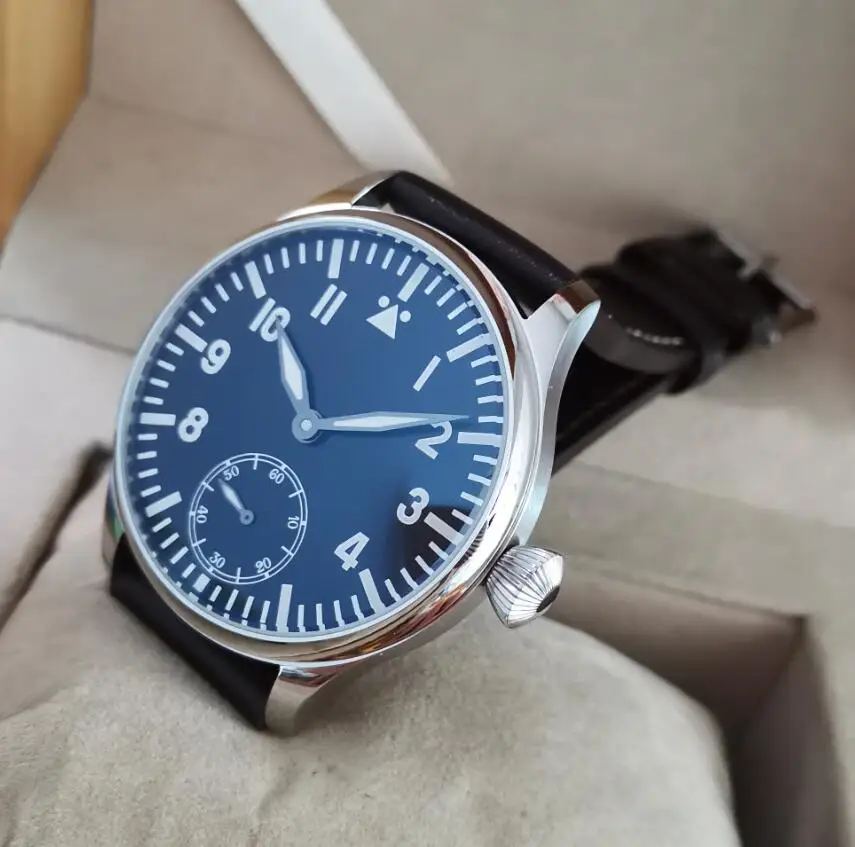 GEERVO No logo pilot 44mm Manual mechanical men\'s Watch Blue luminous Seagull ST3621 movement G095