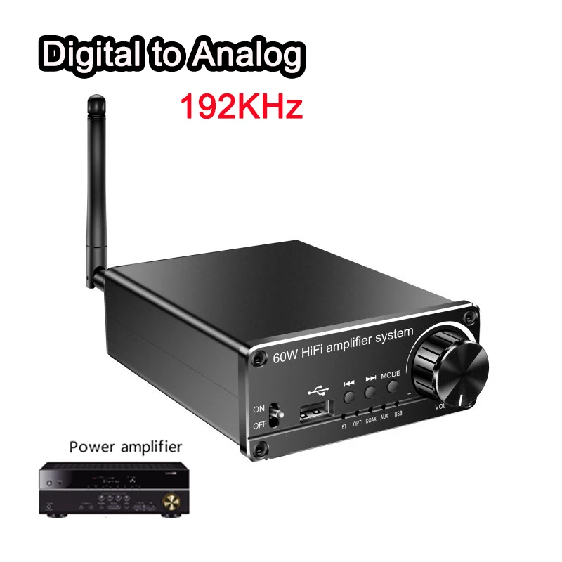 

Digital to Analog Audio Converter 192KHz 60W HIFI amplifier system Coaxial input BT reception DC 19V USB Audio interface adapter