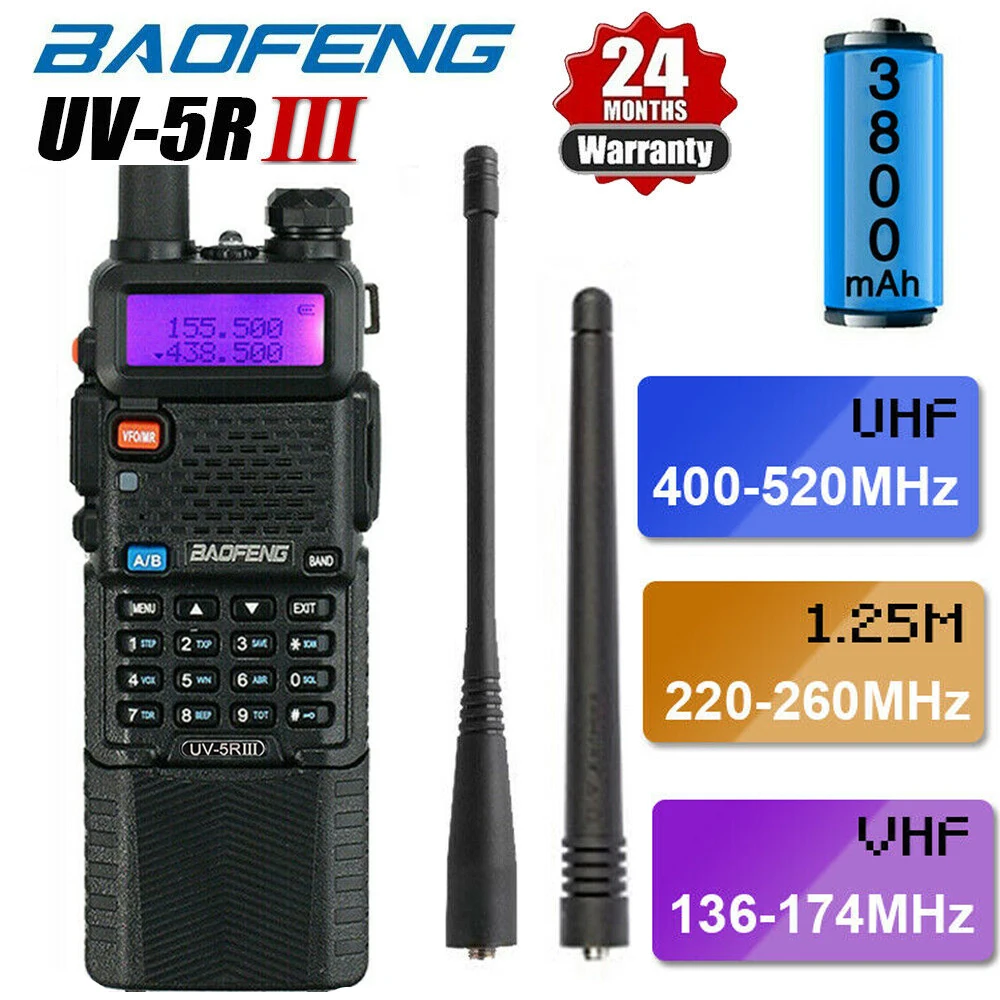 

BAOFENG UV-5R III Tri-Band 5W 3800mAh Walkie Talkie Long Range Two Way Ham Radio + Earpiece